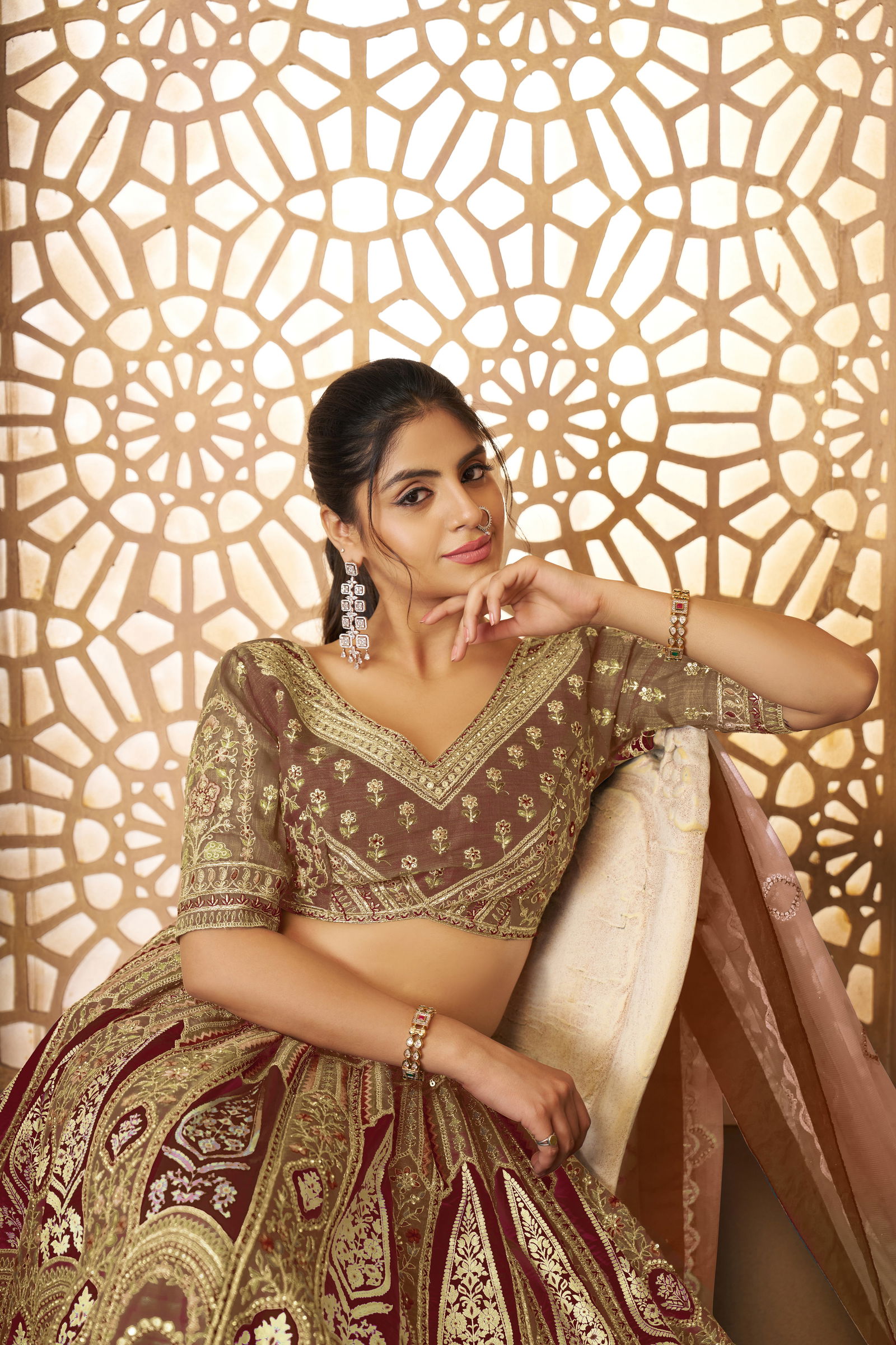 Kf 31 Coffee Banarasi Silk Embroidered Lahenga For Wedding Wholesale Suppliers In Mumbai